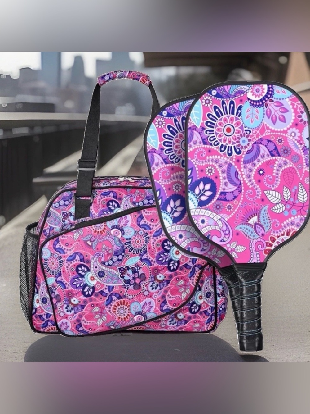 Women's Pink Paisley Travel Paddle Bag Set - Vibrant Floral Design